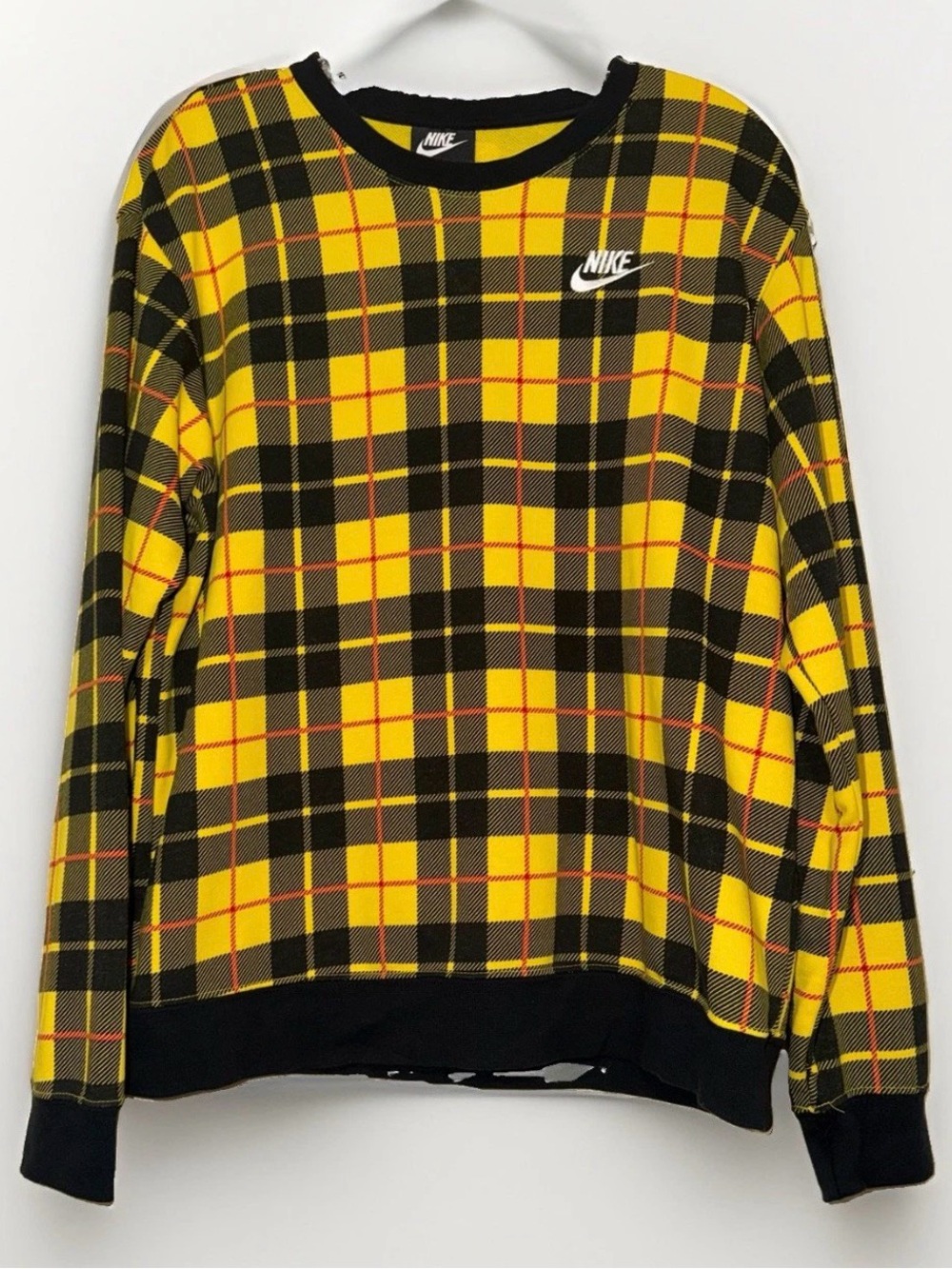 EUC Nike Plaid Yellow Black Crew Neck Sweatshirt Women's Pullover Size Small